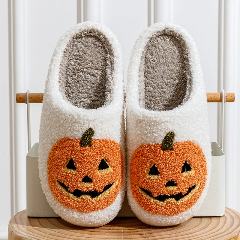 Sorriso zucca Halloween pantofole da donna inverno interno cartone animato comfort casa camera da letto morbido causale scarpe piatte in peluche per regalo 1