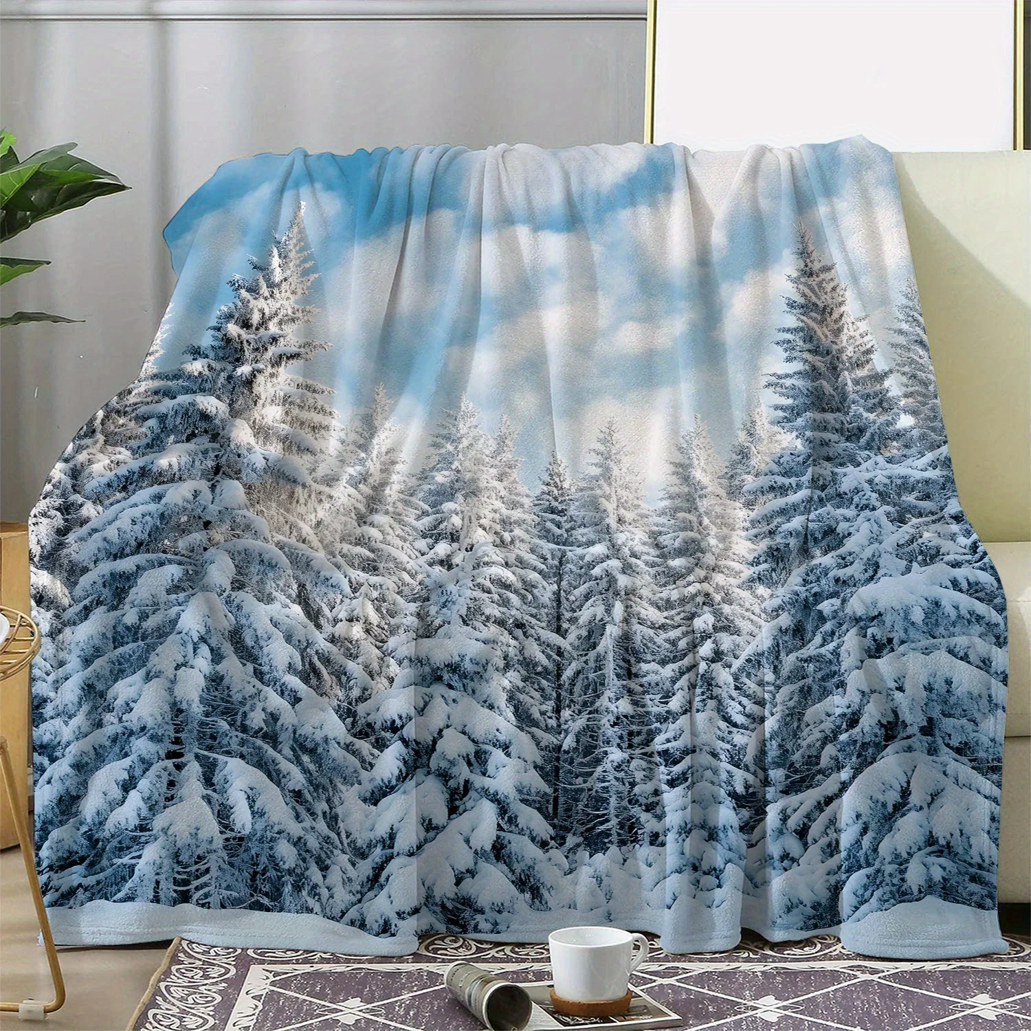 Coperta da tiro in flanella con stampa della foresta di cedro vintage invernale natalizia rivestita in neve - Confortevole e morbida per tutte le stagioni per divano, letto, di 3