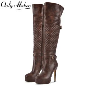 Onlymaker Stivali sopra il ginocchio da donna Stivali con plateau femminili con cerniera con decorazione a catena in metallo nero con tacco alto sottile 1