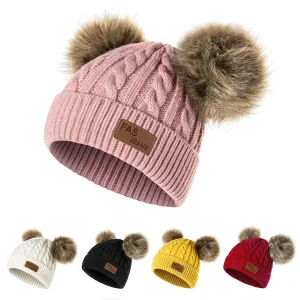Nuovo cappello per bambini Cappello invernale con doppio pompon per bambini Cappello lavorato a maglia carino per ragazze Ragazzi Cappello per ragazze casual Berretto per bambini 1