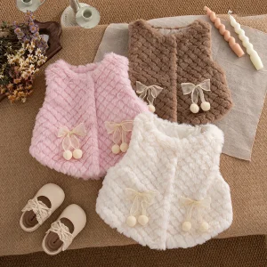 Gilet per bambina Giacca autunno e inverno in cotone tinta unita con fiocco Gilet per bambina carino e peluche Top per ragazza caldi Abbigliamento per bambini 1