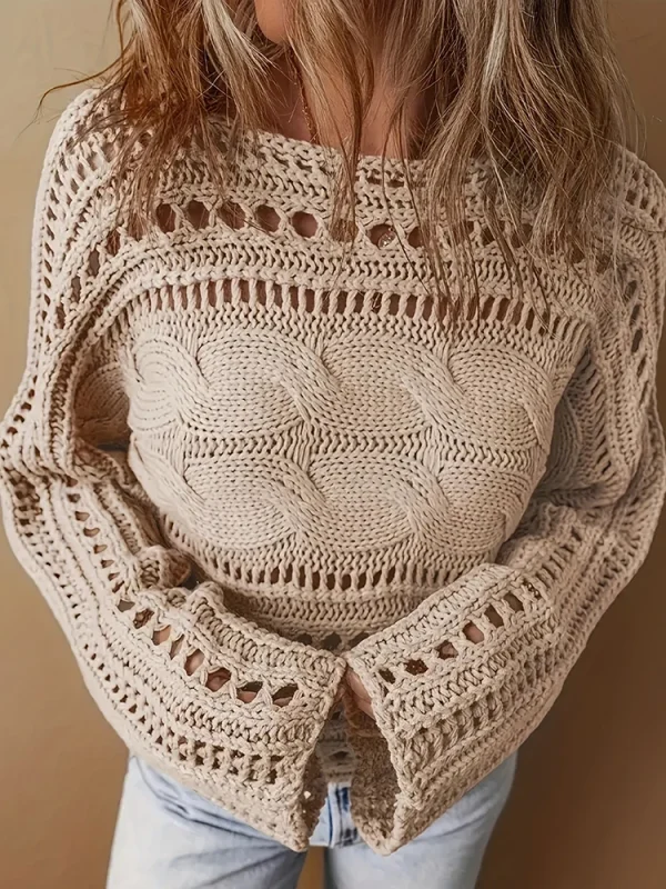 Maglioni chic scavati a maniche lunghe, top semplici alla moda con scollo a O autunnale da donna, nuovi pullover da donna larghi patchwork solido casual 3