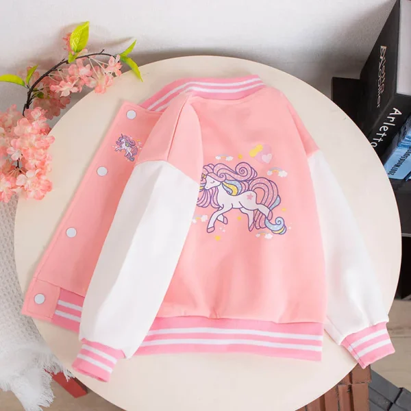 Cappotto da baseball per ragazze da 3-12 anni Primavera Autunno Simpatico cartone animato Unicorno Capispalla Moda Ragazza adolescente Giacca sportiva Abbigliamento per bambini 2