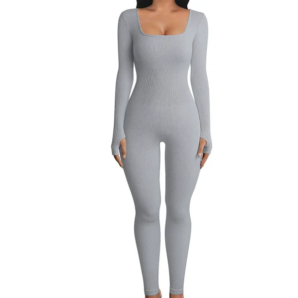Tuta da yoga a costine tinta unita, body sportivo a maniche lunghe slim fit senza cuciture, abbigliamento sportivo da donna 4