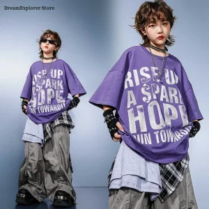 Hip Hop Ragazzi T-shirt viola Pantaloni cargo larghi da ballo di strada Ragazze K-pop Set di vestiti Bambini Costumi jazz Bambini Adolescenti Streetwear 1