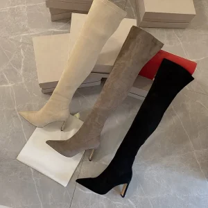 Nuove donne nere stivali invernali stivali sottili con tacco alto stivali lunghi stivali a punta sexy da donna in pelle scamosciata moda sopra il ginocchio 1