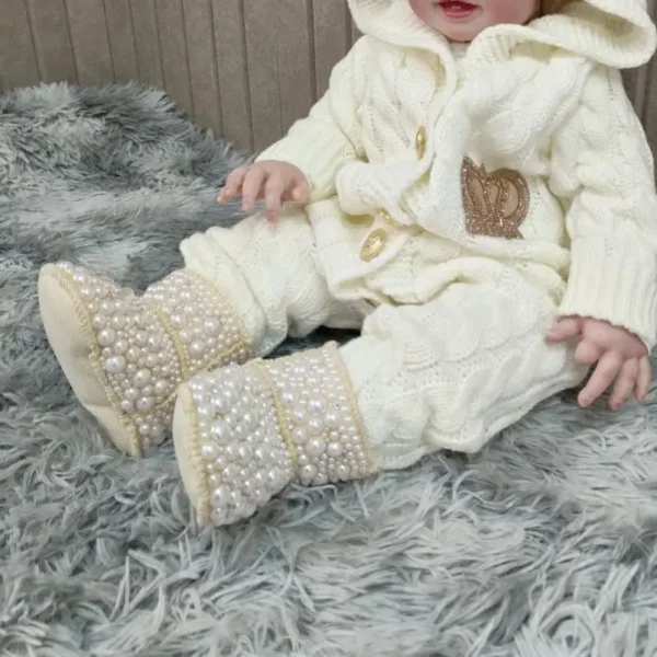Dollbling Mamma Figlia Bambino Personalizzato Perle Stivali Personalizzati Fatti A Mano di Lusso Pelliccia Infantile Perline Avorio Bling Inverno Botties 6