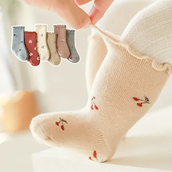 1 paio di calzini spessi in spugna di cotone per neonati per neonati autunno inverno caldi per bambini impugnature antiscivolo calzini retrò calzini anti-freddo 3