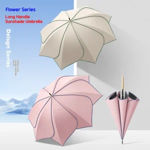 Double use umbrella for rain and sun with long handle in flower shape, UV protection, sun protection, sun umbrella, vinyl umbrella 1