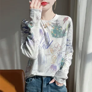 Autunno e inverno nuova lana pettinata e seta di gelso stampato maglione girocollo moda Joker maglia camicia con fondo allentato 1