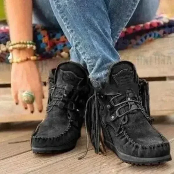 Stivaletti stringati vintage con nappe per donna Autunno Inverno Stivali da cowgirl con punta a punta Stivali Chelsea da cowboy occidentali in pelle scamosciata da donna 2