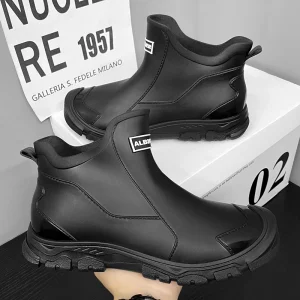 Stivali da pioggia da uomo di media altezza ispessiti Scarpe corte da cucina Scarpe da lavoro in gomma impermeabile antiscivolo Foderate in pile caldo 1