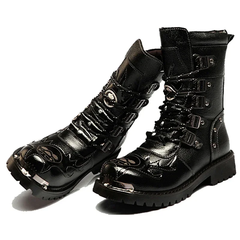 Stivali da moto da uomo invernali nuova moda a metà polpaccio Punk Rock Punk scarpe da uomo in vera pelle nera alta stivali Casual da uomo 38-46 2