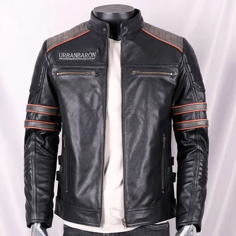 Giacca in vera pelle per uomo colletto corto in piedi con ricamo teschio giacca moto Harley uomo cappotto in pelle di mucca maschile 1