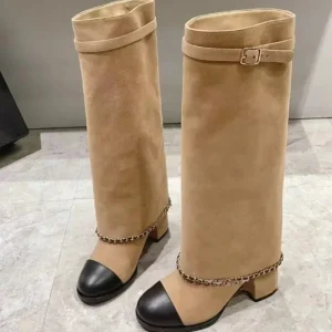 Brand New Punta Rotonda Tacco Spesso Catena Cintura Fibbia Gonna Stivali Donna Autunno Inverno Moda Pista Colore Misto Scarpe Lunghe Taglia 43 1