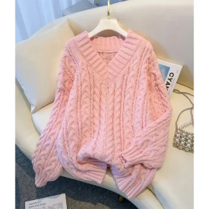 MEXZT Maglione Harajuku Moda donna oversize rosa scollo a V pullover lavorato a maglia coreano maglieria a maniche lunghe maglioni casual invernali 1