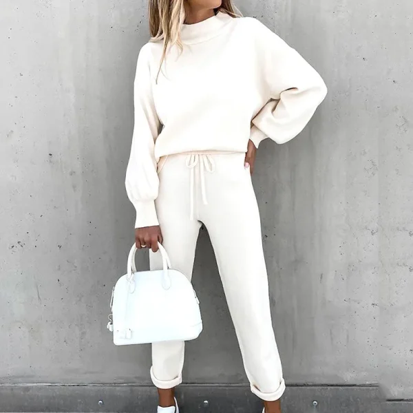 2025 Maglione da donna autunno e inverno collo alto pantaloni casual in puro colore set da due pezzi 4