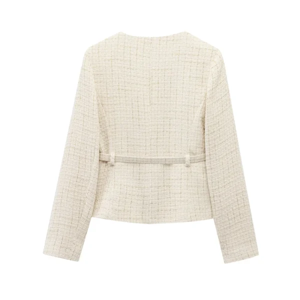 PB & ZA 2025 giacca in Tweed Beige da donna con bottoni dorati e cintura maniche lunghe e tasche frontali in vendita su AliExpress 2