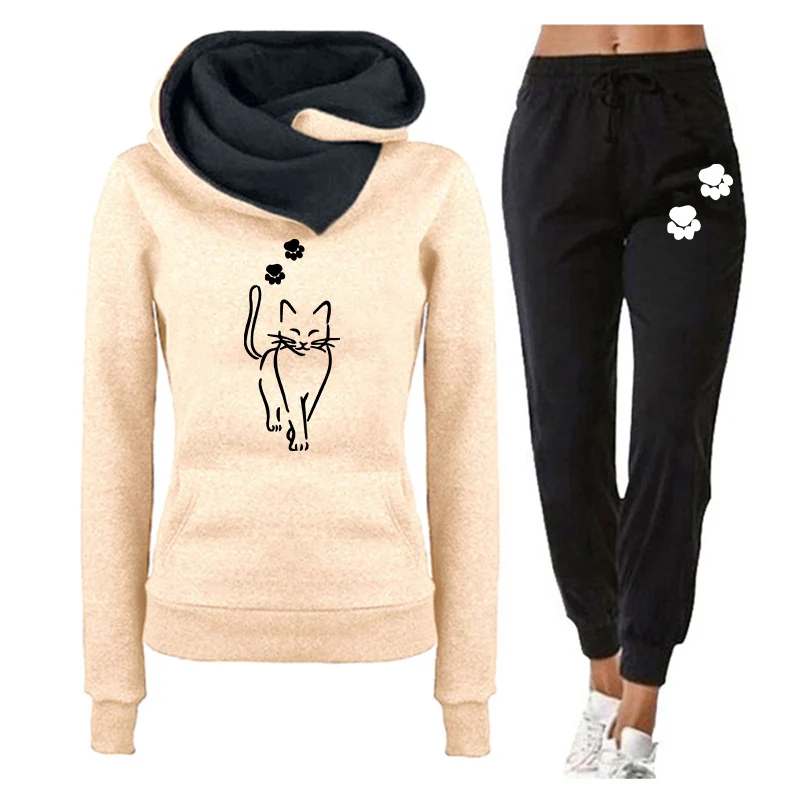 Tuta da donna elegante con stampa gatto Felpe con cappuccio versatili quotidiane Felpe o pantaloni da jogging Casual 2025 Abbigliamento caldo autunno inverno 5