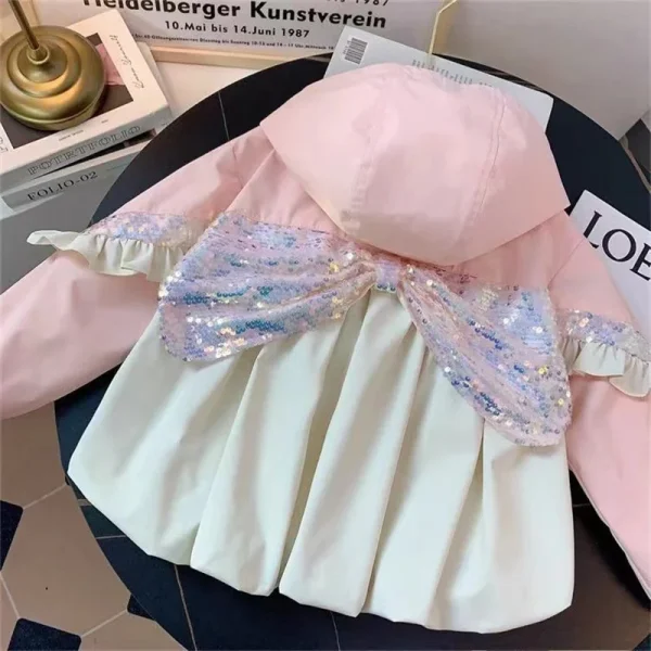 Trench per ragazze con paillettes Giacca moda primavera per bambini Pincess Bow Capispalla con cappuccio Nuovi bambini Autunno Abbigliamento casual 2-8 anni 2