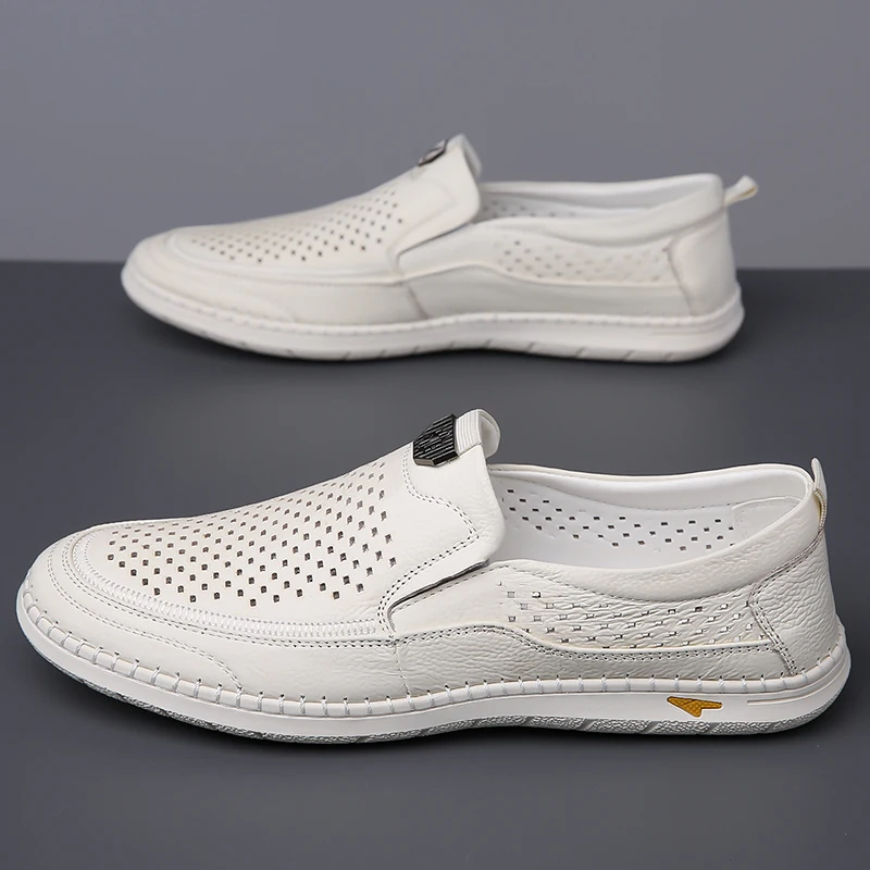Calzature estive Casual da uomo mocassini da passeggio per il tempo libero da uomo traspiranti mocassini in vera pelle scavano Slip on scarpe da guida maschili 4