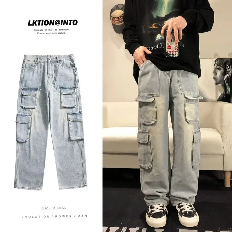 2022 nuovi pantaloni cargo in denim casual da uomo autunno inverno pantaloni larghi da indossare in lavatrice stile Hong Kong 3