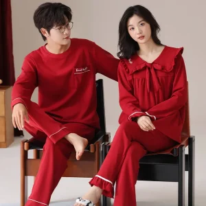 Pigiama per gli amanti dell'autunno Festivo Rosso a maniche lunghe Pigiama maschile Set da uomo Pigiama in cotone lavorato a maglia per le donne Abito da notte Coppia Homewear 1