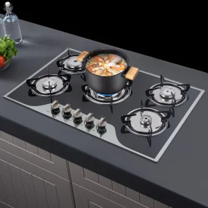 Piano cottura a gas da incasso a 5 fuochi Piano in vetro 3KW Doppio anello Ad alta potenza Risparmio energetico Efficienza 63% Stufa a gas naturale GPL 1