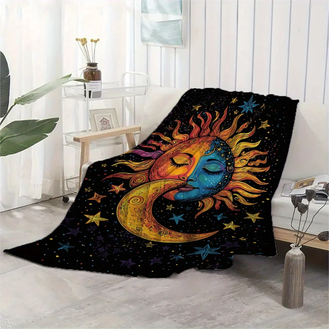 Texture morbida, accogliente coperta in flanella con design sole e luna – Morbido e caldo per divano, letto, ufficio, auto – Ideale per 3