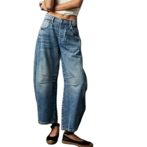 Jeans denim stile americano vintage da donna Nuovo design con giunture al ginocchio Pantaloni dritti Pantaloni casual larghi a vita media per pendolari femminili 1