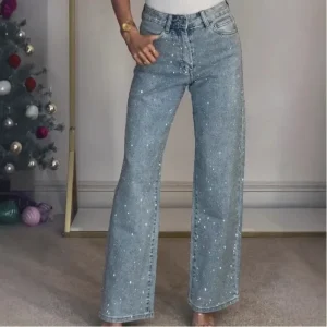 2025 Jeans da donna Pantaloni dritti con diamanti Pantaloni elasticizzati a vita alta lavati Jeans mamma Y2k Pantaloni streetwear Denim vintage Streetwear 1