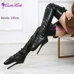 Estreme Sexy Fetish 18 cm/7 pollici Tacco alto Punk gotico Drag Queen Stivali da balletto lunghi sopra la coscia incrociati al ginocchio Taglie forti 36-46 1