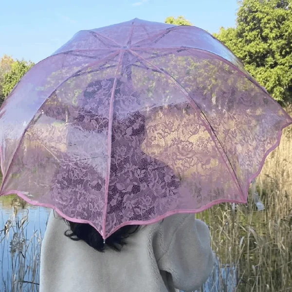 1 ombrello trasparente retrò con bordo trendy - ombrello pieghevole trasparente triplo - materiale in PVC, adatto per fotografie di viaggio 3