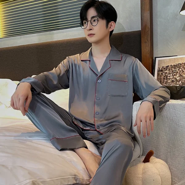 Pigiama da uomo autunno e inverno pantaloni lunghi a maniche lunghe indumenti da notte in seta Loungewear Cardigan giovanile Solid Nightwear Homewear 3