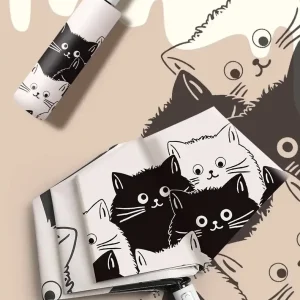 Ombrello automatico in bianco e nero stampato con gattini semplici da 1 pezzo, ombrello di protezione UV a doppio uso soleggiato e piovoso 1