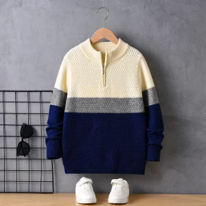 Maglione da ragazzo con mezza zip a righe colorate in stile college, colletto rialzato, pullover lavorato a maglia a maniche lunghe, adatto per la scuola quotidiana 1