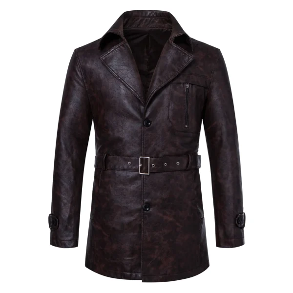 Giacca da uomo in pelle PU di media lunghezza con trench con risvolto staccabile per viaggi d'affari casual/urbanali 4