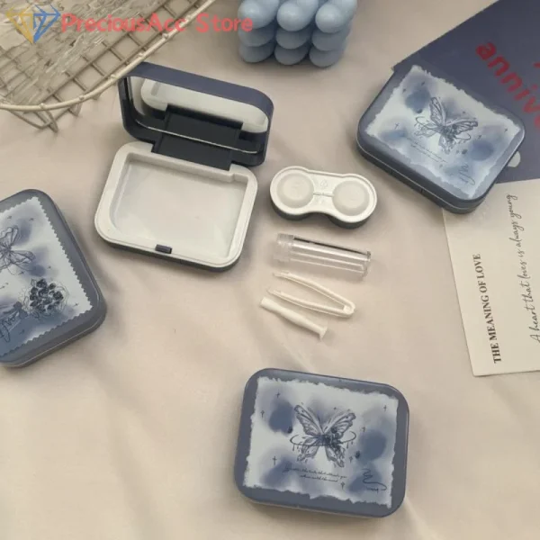 Custodia per lenti a contatto con farfalla blu vintage portatile carina con scatola contenitore per lenti a contatto a specchio per regalo da viaggio all'aperto 5