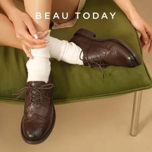 BEAUTODAY Brogue Derbies Donna Pelle di mucca Lace-Up Ceratura Punta tonda alare Appartamenti Scarpe eleganti da donna fatte a mano 21539 1