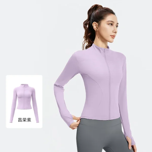 Giacca sportiva da esterno Corsa Fitness Maniche lunghe Donna Slim Abbigliamento da yoga Cardigan con cerniera ad asciugatura rapida Cappotto skinny con colletto rialzato 5
