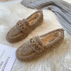 Catene in metallo di marca mocassini in lana di agnello alta qualità addensare peluche inverno pelliccia appartamenti scarpe donna donna pelliccia mocassini in cotone taglia 43 1
