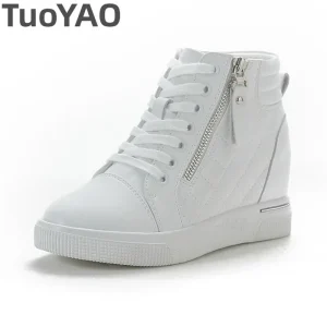 Scarpe da ginnastica con zeppa con plateau casual in microfibra di pelle da 7 cm Scarpe da donna Décolleté con tacco alto Stivali da donna Primavera Autunno Scarpe bianche nere 1