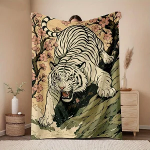 1 coperta extra large in flanella - Tigre bianca e fiori di ciliegio Design di ispirazione giapponese in beige, marrone, nero, verde - Heavywei 1