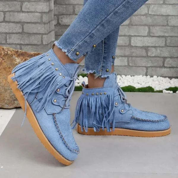 Stivaletti stringati vintage con nappe per donna Autunno Inverno Stivali da cowgirl con punta a punta Stivali Chelsea da cowboy occidentali in pelle scamosciata da donna 3