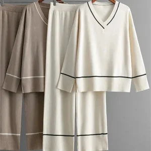 SINGREINY Homewear Knitting set donna scollo a v Split Basic top larghi + vita alta gambe larghe pantaloni Casual autunno inverno 2 pezzi abiti 1