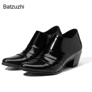 Batzuzhi 6CM tacchi alti scarpe alla caviglia uomo punta a punta Zip scarpe in pelle nera per uomo festa/matrimonio/affari, taglie 37-44 1