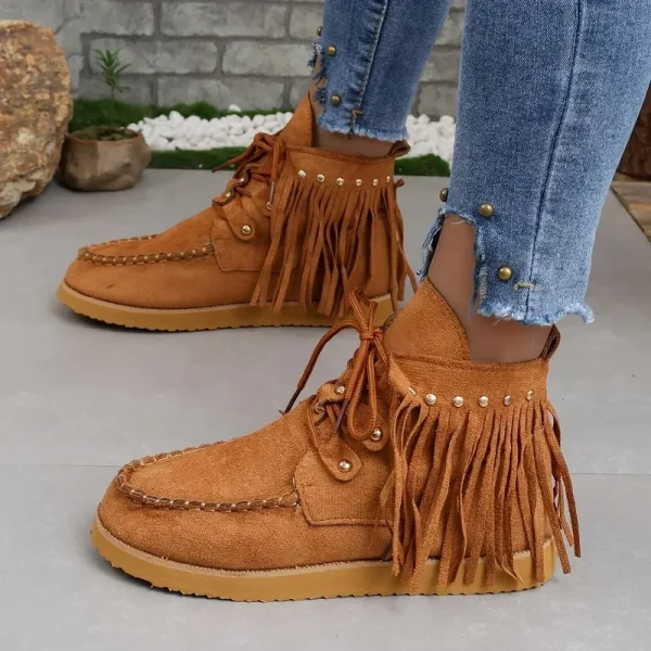 Stivaletti stringati vintage con nappe per donna Autunno Inverno Stivali da cowgirl con punta a punta Stivali Chelsea da cowboy occidentali in pelle scamosciata da donna 1