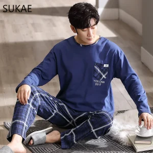 SUKAE Luxury Navy Mens Sleepwear Autunno Inverno Nuovo Cotone Uomo Pigiama Maniche Lunghe Homewear Gentleman L-4XL Grande Pijama Minimalista 1