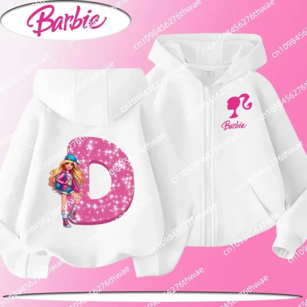 Felpa con cappuccio con cerniera per bambola Barbie per bambini con stampe di cartoni animati dell'alfabeto AZ per la primavera e l'autunno, top casual carino per ragazze 4