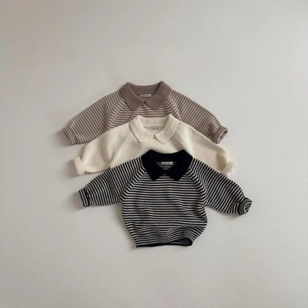 4155 Maglione coreano per bambini Autunno Nuovo risvolto a righe Maglione lavorato a maglia per neonato 1-7 anni Pullover per bambini Top 1